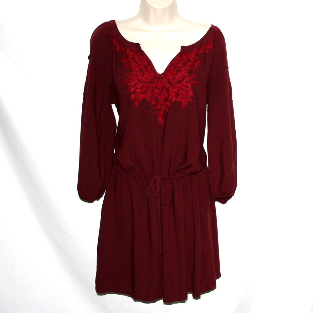 Lucky Brand Dress Size L Rayon Wine Colored Drawstring 3/4 Length Sleeves